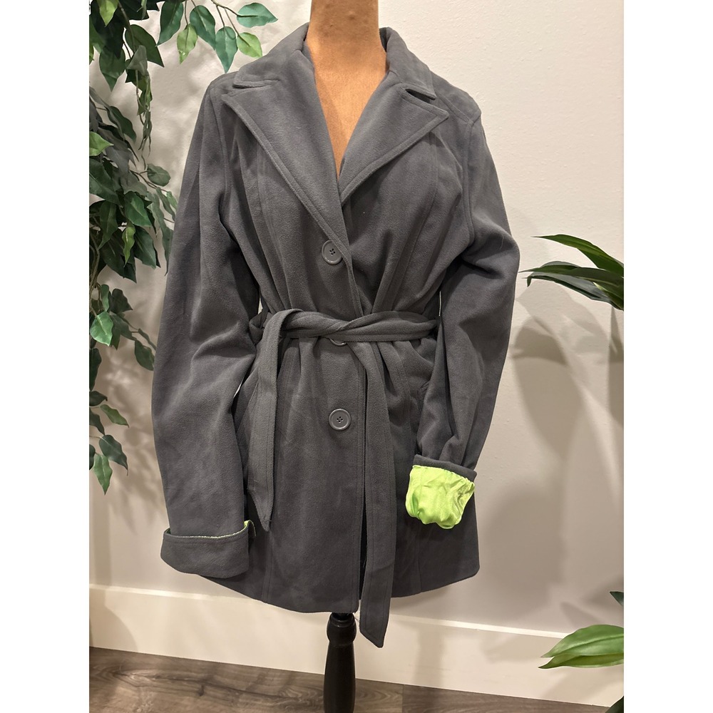 Indigo Saints Women's Gray Belted‎ Fleece Coat L lime Green satin like lining